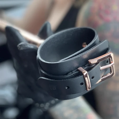 closeup of leather handcuffs